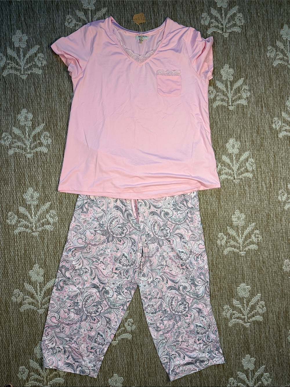 Anne Klein Pink Short-Sleeve Pajama Set with Paisley Capris